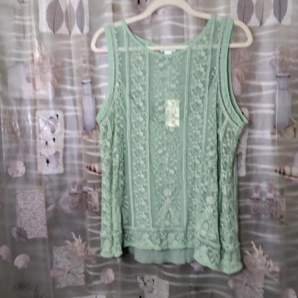 NWTSundance Embroidered Floral Sheer Mint Green Lace Boho Sleeveless Top Lined L - Picture 13 of 15